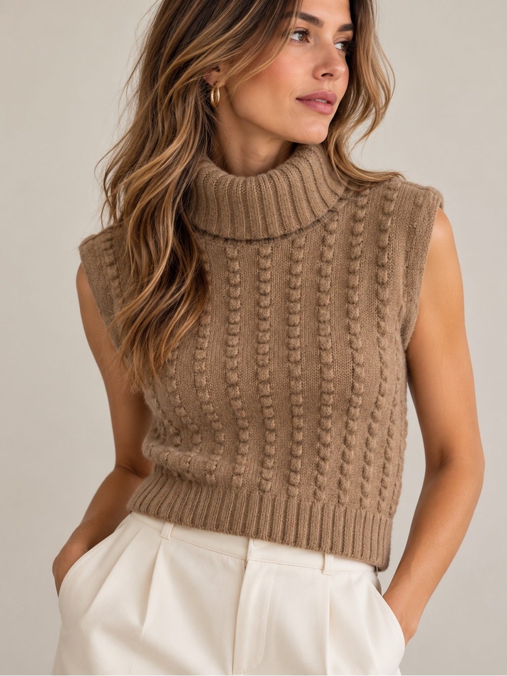 ZARA Textured Knit Turtleneck Sweater Vest Brown Size Small Back Zip